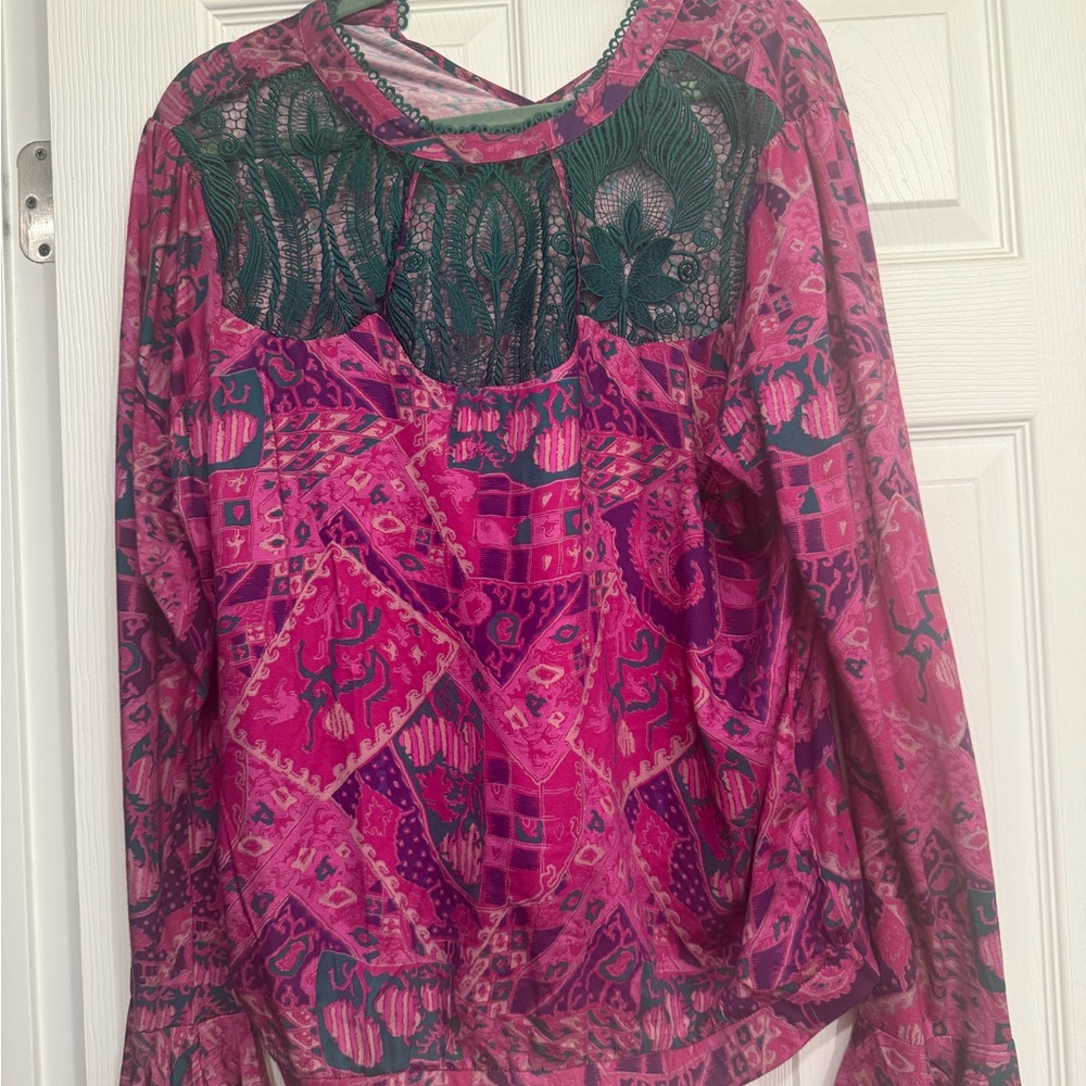 Anthropologie Pink and Green Boho Blouse